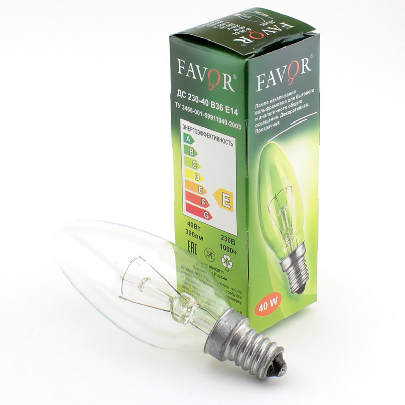 Лампа накаливания в форме свечи E14, B36, 40Вт, CL, прозрачная FAVOR