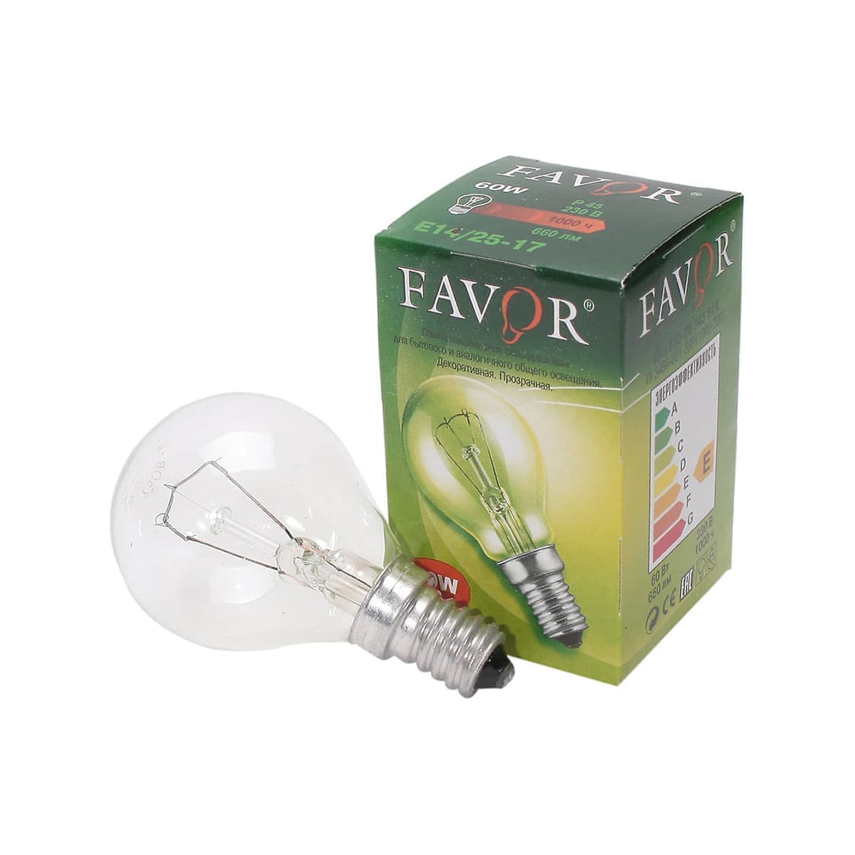 Лампа накаливания в форме шара миньон E14, P45, 60Вт, CL, прозрачная FAVOR