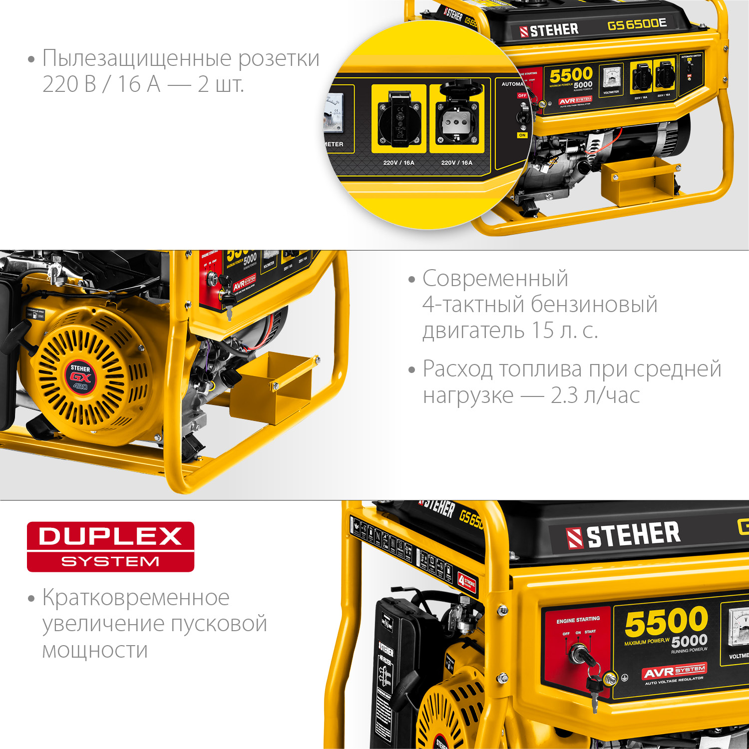 Генератор бензиновый STEHER GS-6500E 5500Вт с электростартером