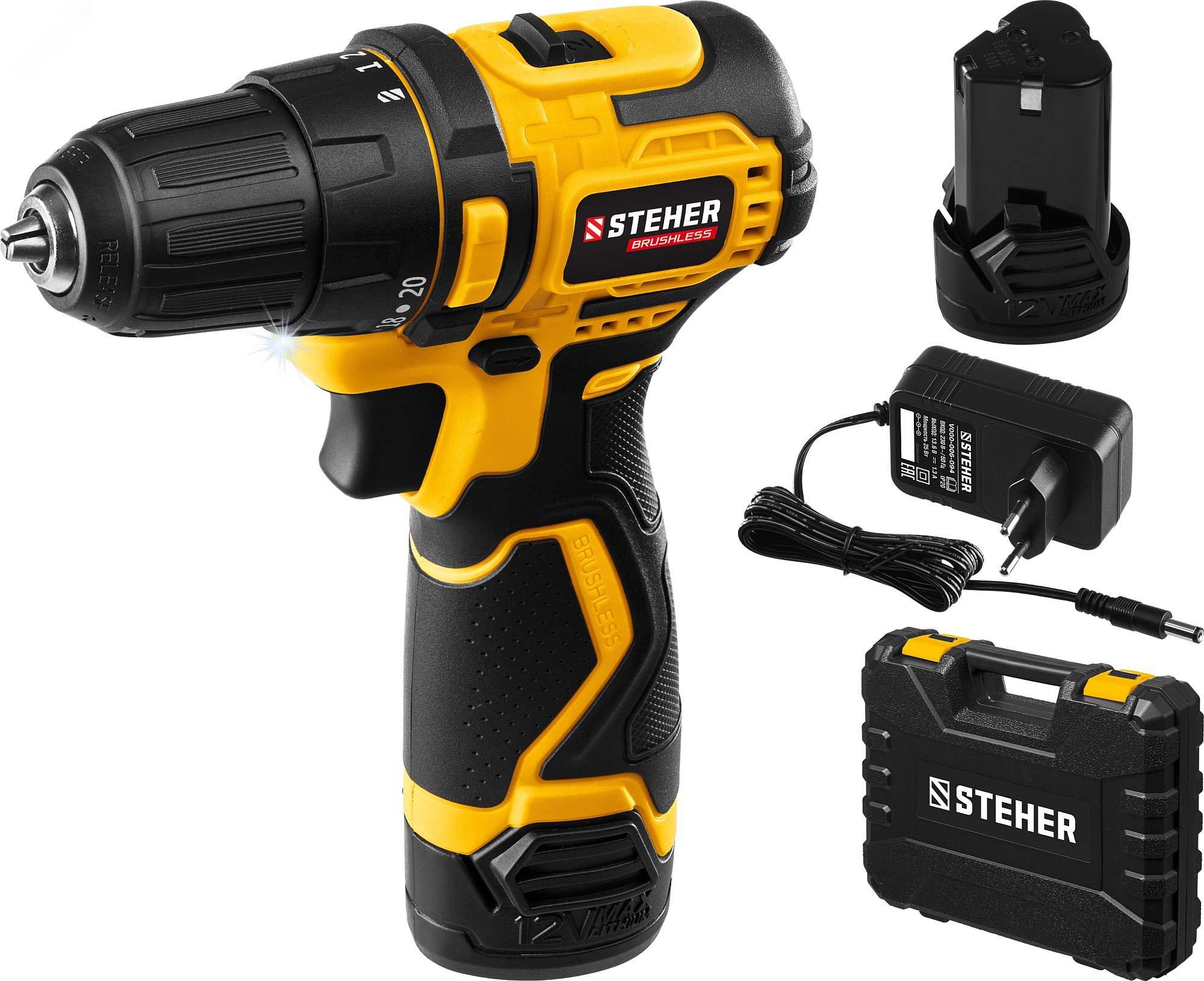 Шуруповерт STEHER бесщеточный в кейсе 2АкБ 12В CDB-120-2