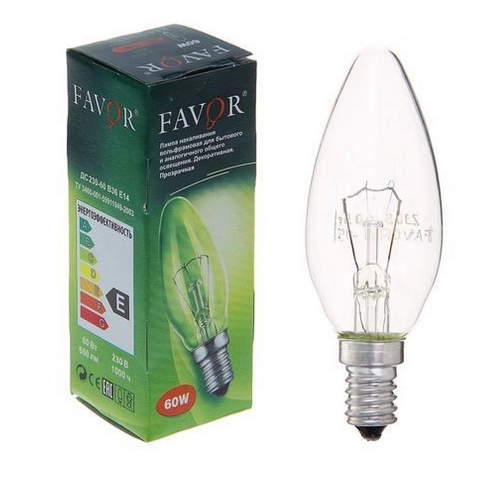 Лампа накаливания в форме свечи миньон E14, B36, 60Вт, CL, прозрачная FAVOR