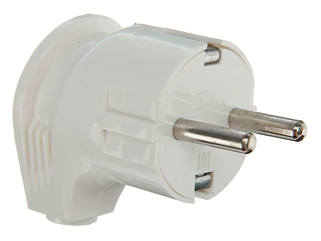 Вилка 220В угловая с заземлением 3500Вт, IP20, белая UNIVERSAL А105